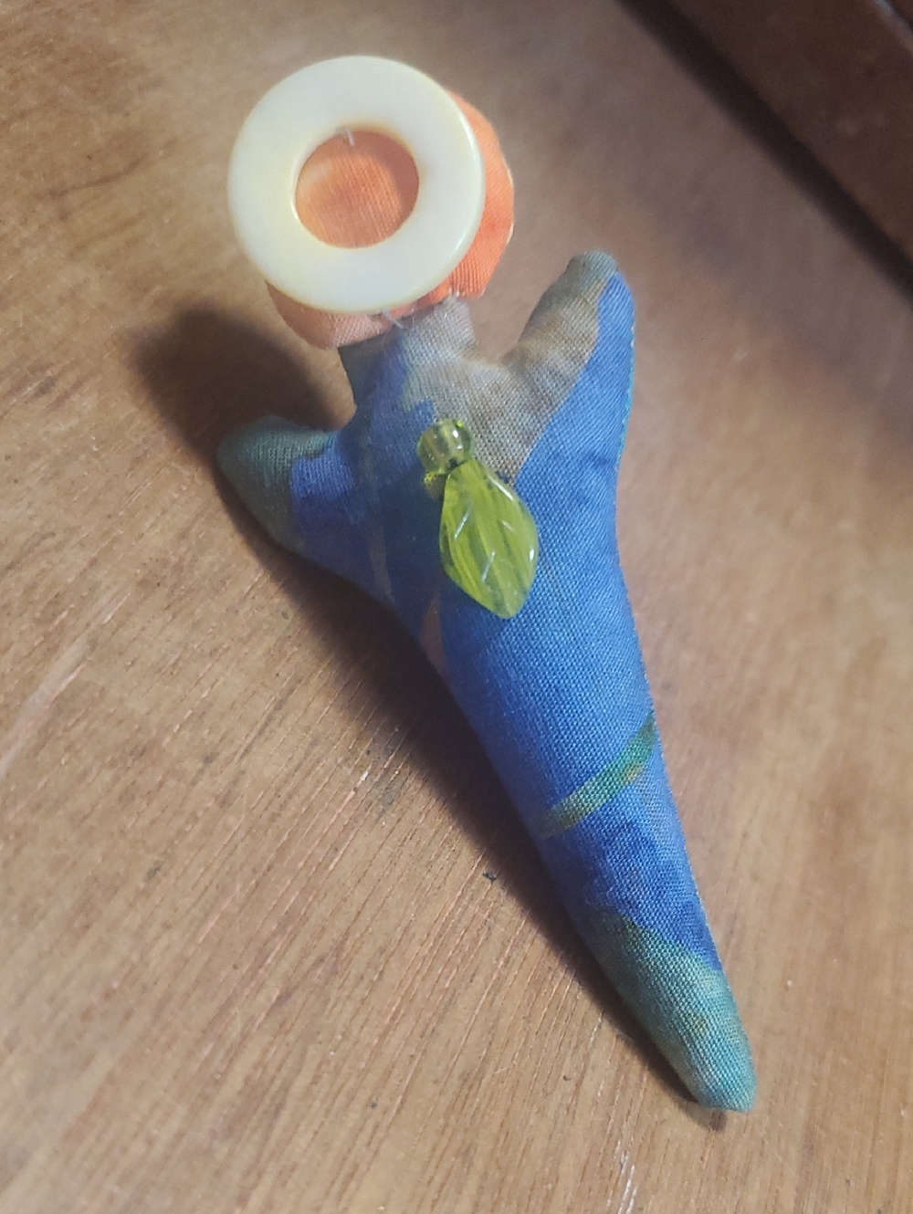 Handmade Blue Fabric Pin with Green Bead Accent BD